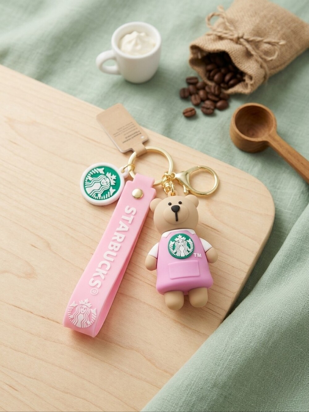 Starbucks Pink Bear Keychain with Branded Strap and Charm